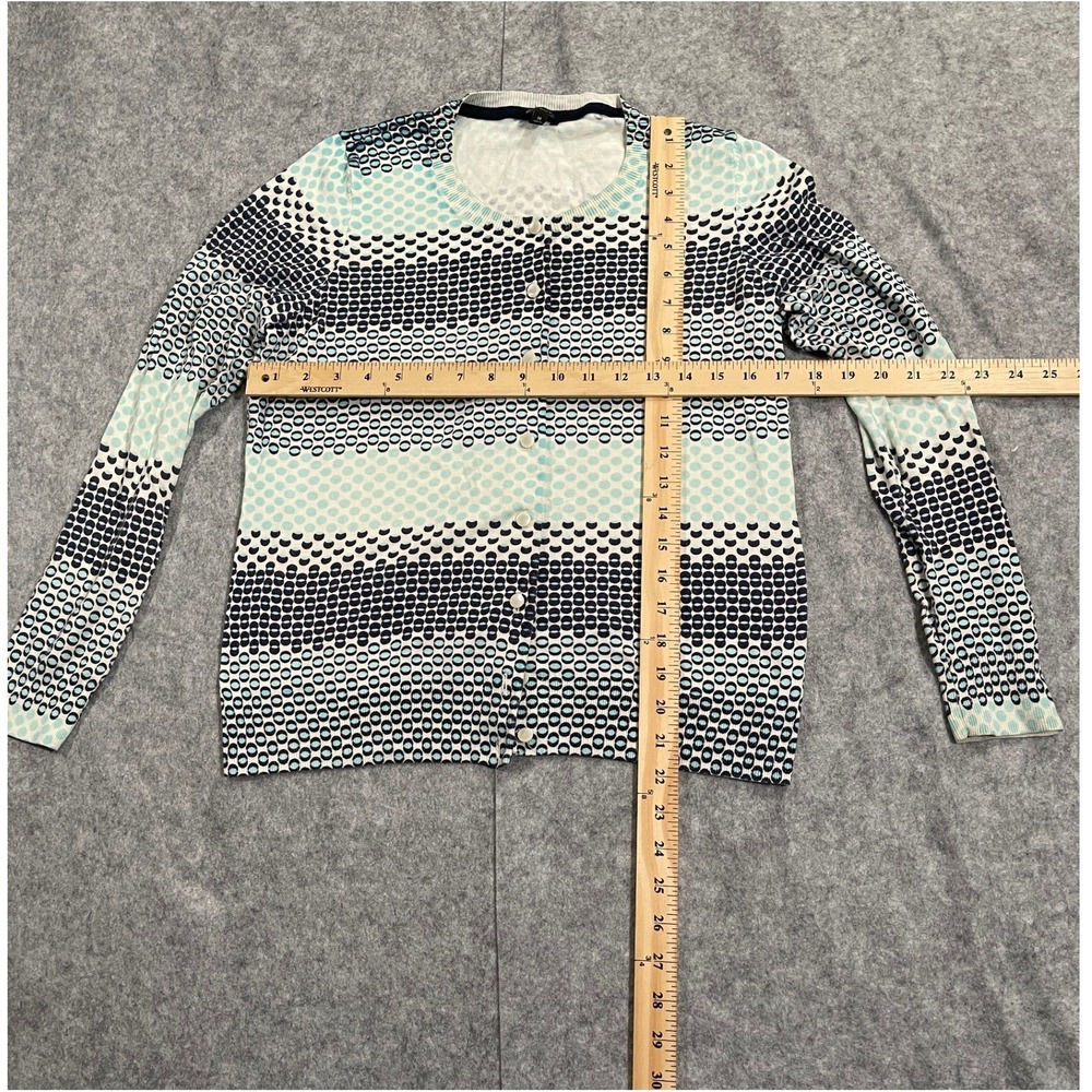 Talbots Womens Medium Cardigan Navy Blue Mint Green Geometric Dot Stripe Sweater